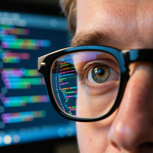 三十岁左右男性头像,穿格子衬衫,戴眼镜,程序员形象,办公室背景